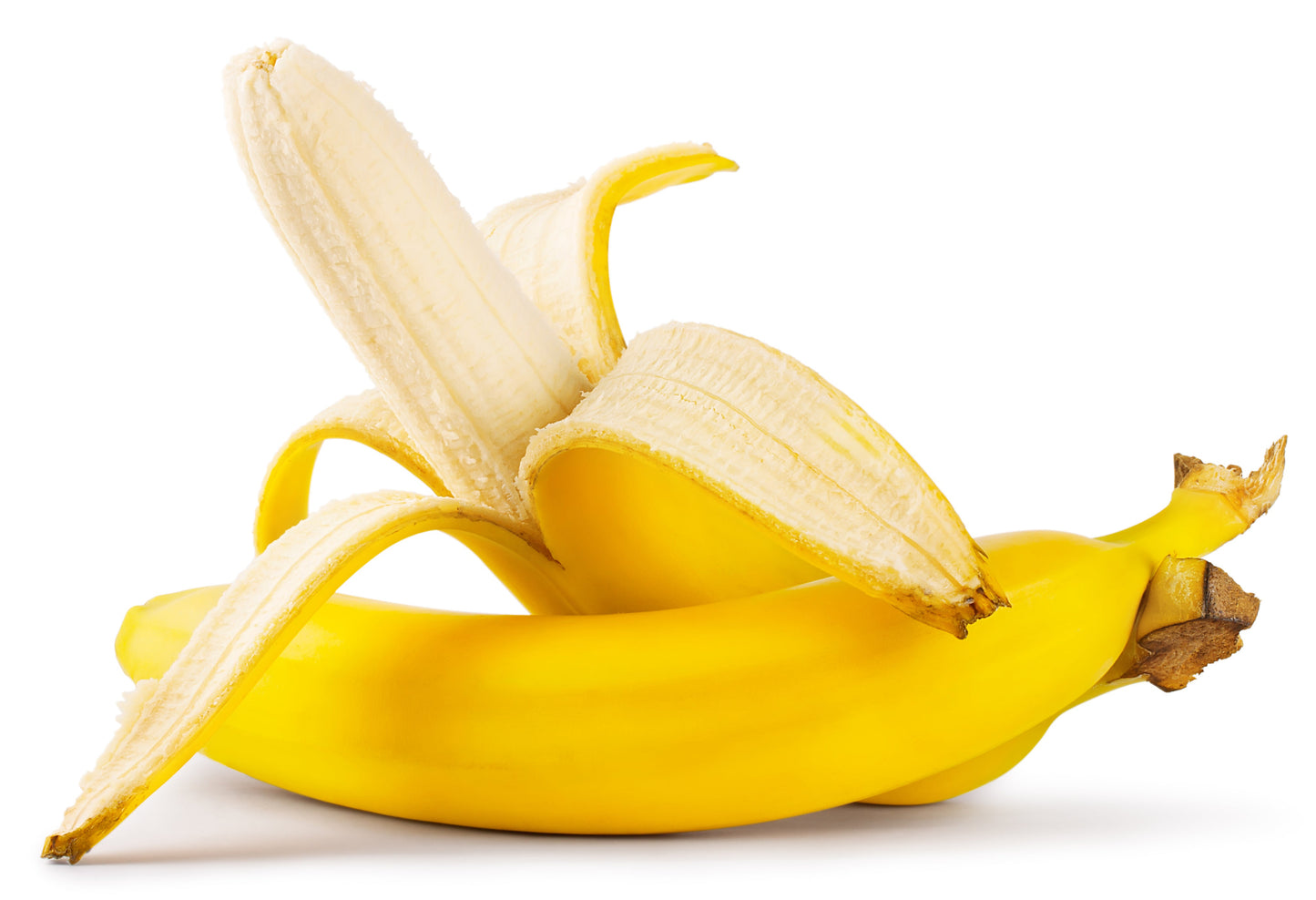 Yellow banana with a peel on a white background