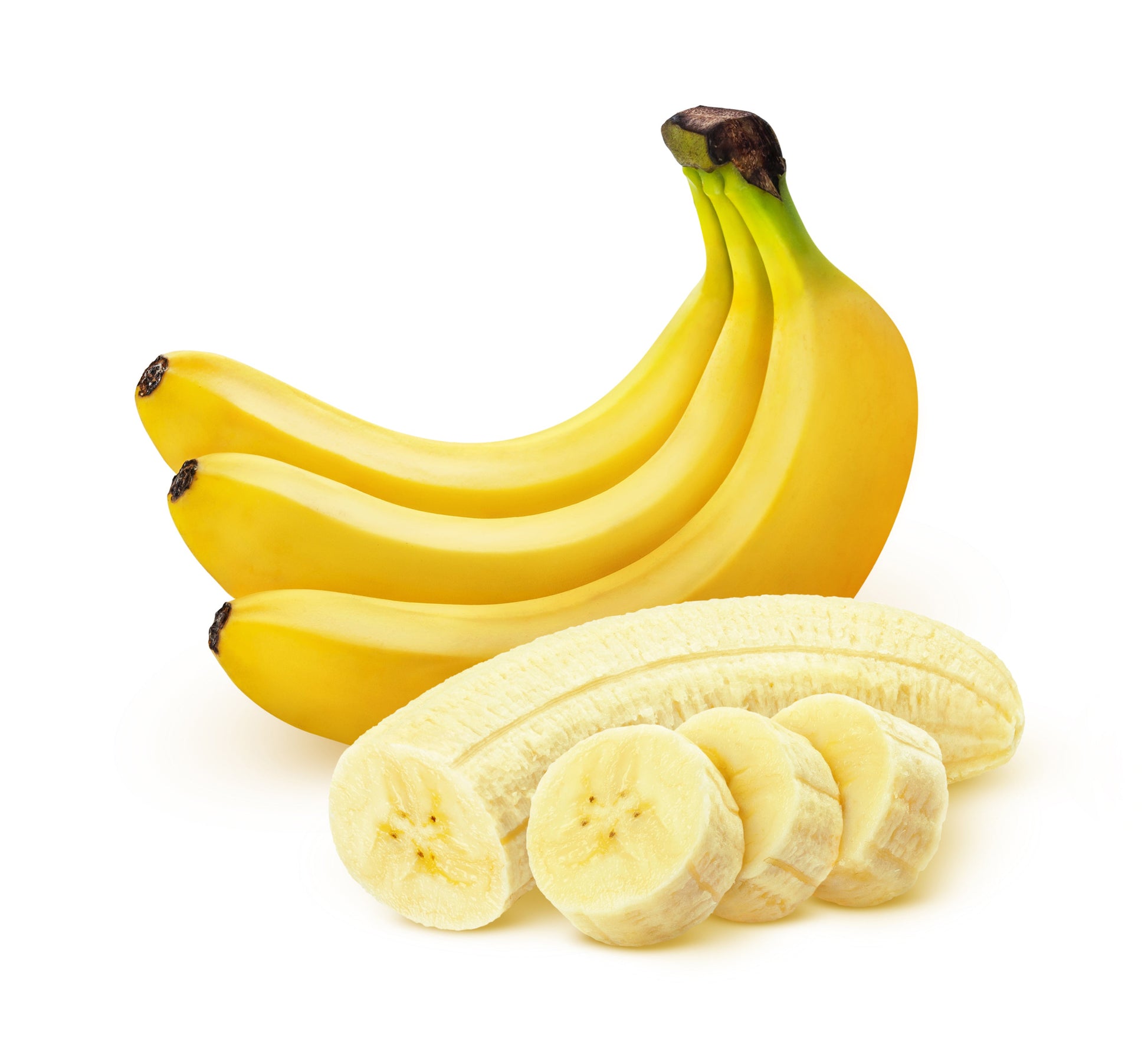 Bananas with a few slices on a white background