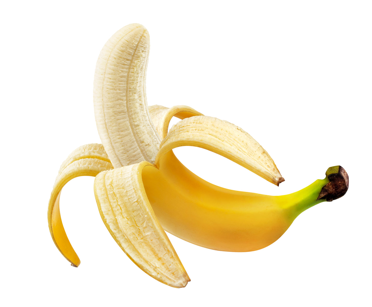 Banana with a peeled section on a white background
